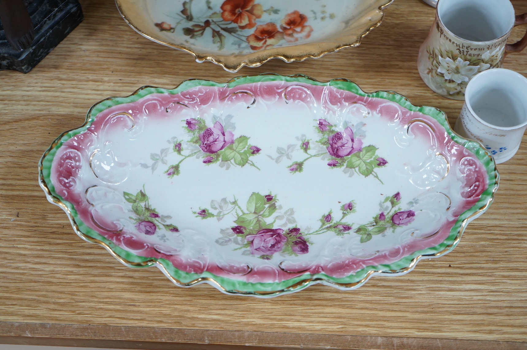 A bisque figure group of the Three Graces - 27cm high, a smaller smaller bisque figure, a pair of Vienna style coffee cans and saucers and a collection of mixed floral china. (22)